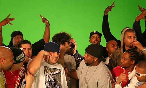 Comedian DeRay Davis in the mix (far right) on set of â€œGet Buck In Hereâ€