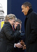 Hillary Clinton and Barack Obama share a laugh at MLK Day at the Dome in SC