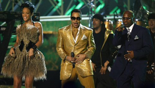 Rihanna and Morris Day & The Time perform at the 50th Annual Grammy Awards