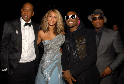 Jay-Z, Beyonce, Kanye, and Ne-Yo backstage at the 50th Annual Grammys