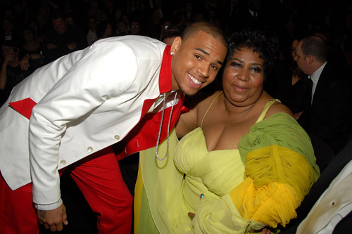 Chris Brown & Aretha Franklin in the audience at the 50th Annual Grammys
