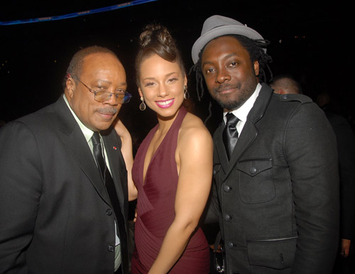 Berry Gordy, Alicia Keys, and Will.i.am backstage at the 50th Annual Grammys