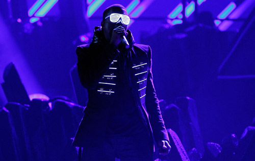 Kanye West performs at the 50th Annual Grammys