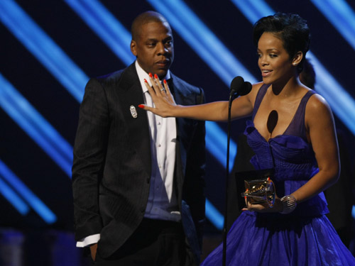 Rihanna accepts her award at the 50th Annual Grammys