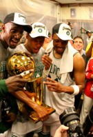 Kevin Garnett, Paul Pierce and Ray Allen Hold The Finals Championship Larry O\'Brien Thropy!