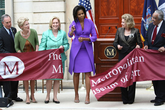 First Lady Michelle Obama, Mayor Michael R. Bloomberg, Met Museum President Emily Rafferty, Sen. Kirsten Gillibrand, Rep. Carolyn Maloney, and Rep. Charles Rangel // Metropolitan Museum of Art Ribbon Cutting Ceremony