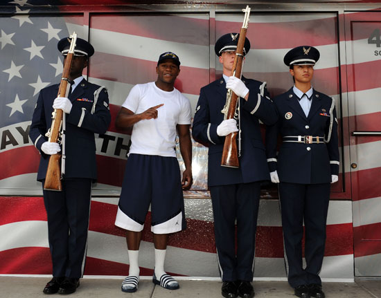 Floyd Mayweather Jr., Airman First Class Sharif Omar, Senior Airman Christopher Latson and Airman First Class Alysa Hill // Flag Day Celebration at Floyd Mayweather Jr's Las Vegas Boxing Gym