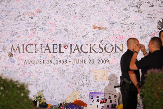 Michael Jackson memorial poster signed by fans outside of the Staples Center in Los Angeles