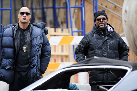 Dwayne "The Rock" Johnson and Samuel L. Jackson on the set of new movie "The Other Guys" in Manhattan, New York City (October 23rd 2009)