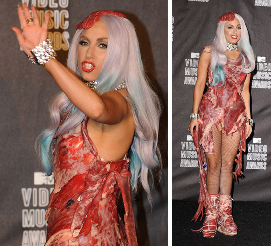lady gaga meat dress pics. the meat dress Lady Gaga