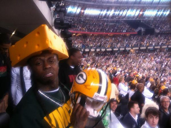 Lil Wayne Reps for the Green Bay Packers with Cheese Head Hat at the Super 