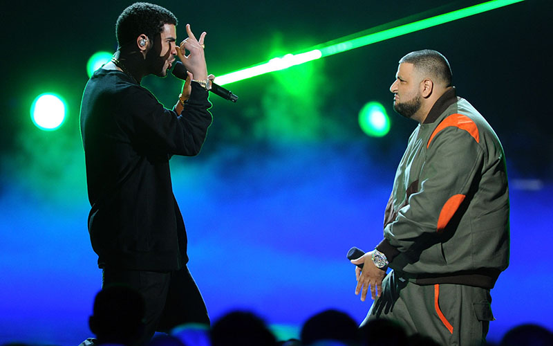 LOS ANGELES, CA - JUNE 26:  Singer Drake (L) and rapper DJ Khaled perform onstage during the BET Awards '11 held at the Shrine Auditorium on June 26, 2011 in Los Angeles, California.  (Photo by Kevin Winter/Getty Images)