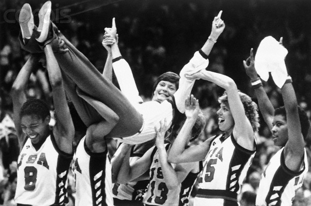 07 Aug 1984, Los Angeles, California, USA --- Los Angeles, California. Coach Pat Summit is carried off the floor by her players after the USA won the Gold in Basketball against Korea 9/7 at Los Angeles. Players are Cathy Boswell (8), Denise Curry (13), Carol Menken-Schaudt (15) & Pamela McGee at right. --- Image by © Bettmann/CORBIS