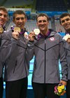 Conor Dwyer, Michael Phelps, Ryan Lochte and Ricky Berens (Team USA) pose with their gold medals