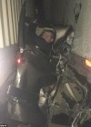 Kaleb Whitby pictured crushed between two semi trucks