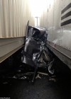 Kaleb Whitby Chevy Silverado pickup pictured crushed between two semi trucks