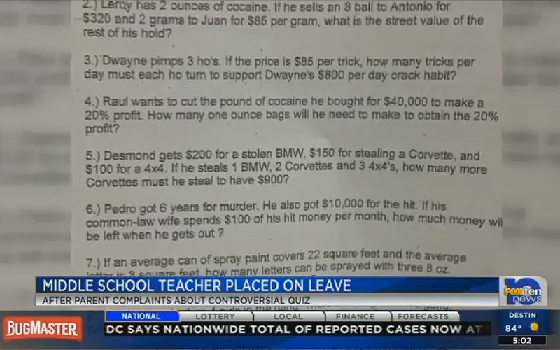 Alabama Middle School Teacher Gives Blatantly Racist Math Quiz To Students